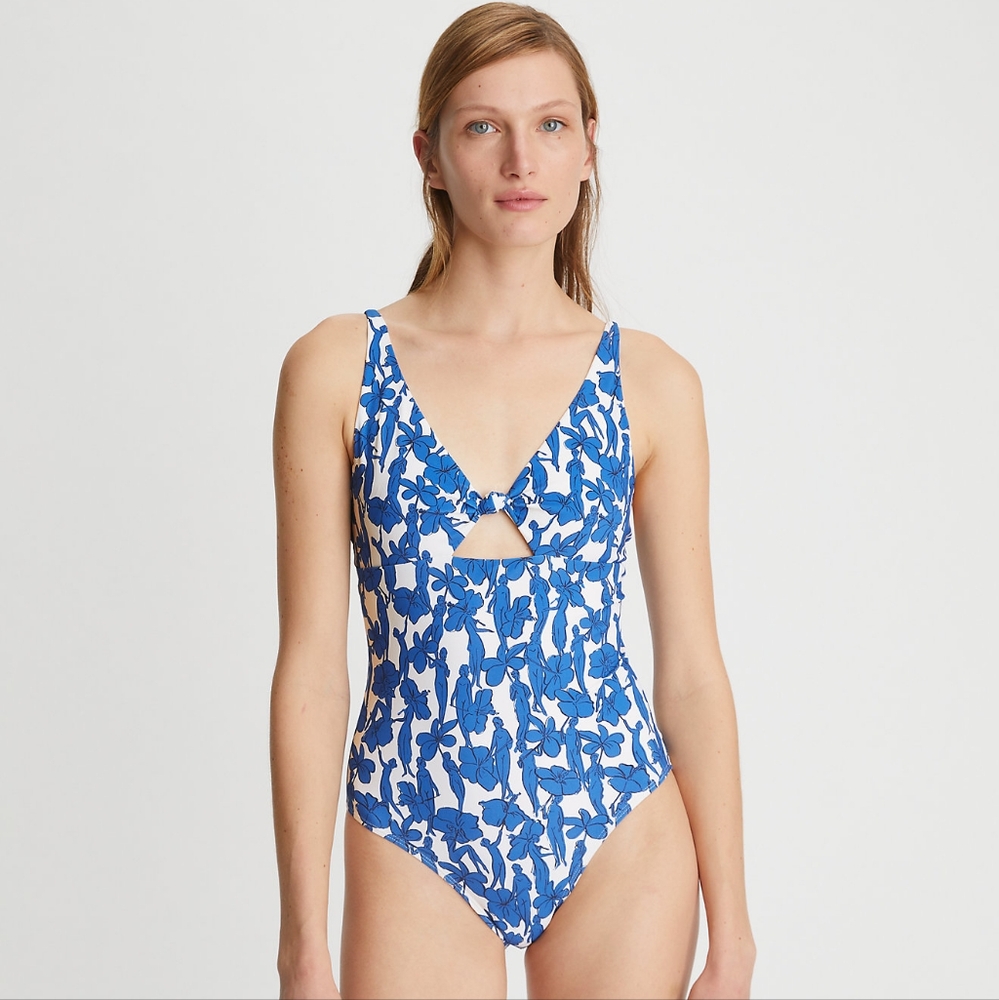 NWT Tory Burch Bathing Suit Printed Knot One Piece Small Blue Hibiscus